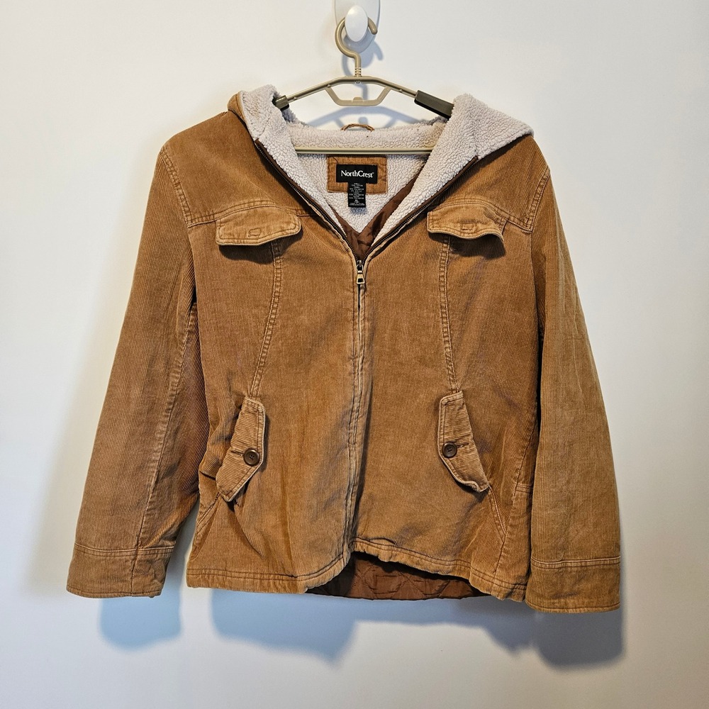 NorthCrest Corduroy Hooded Jacket Faux Shearling Womens XL Sherpa Trucker